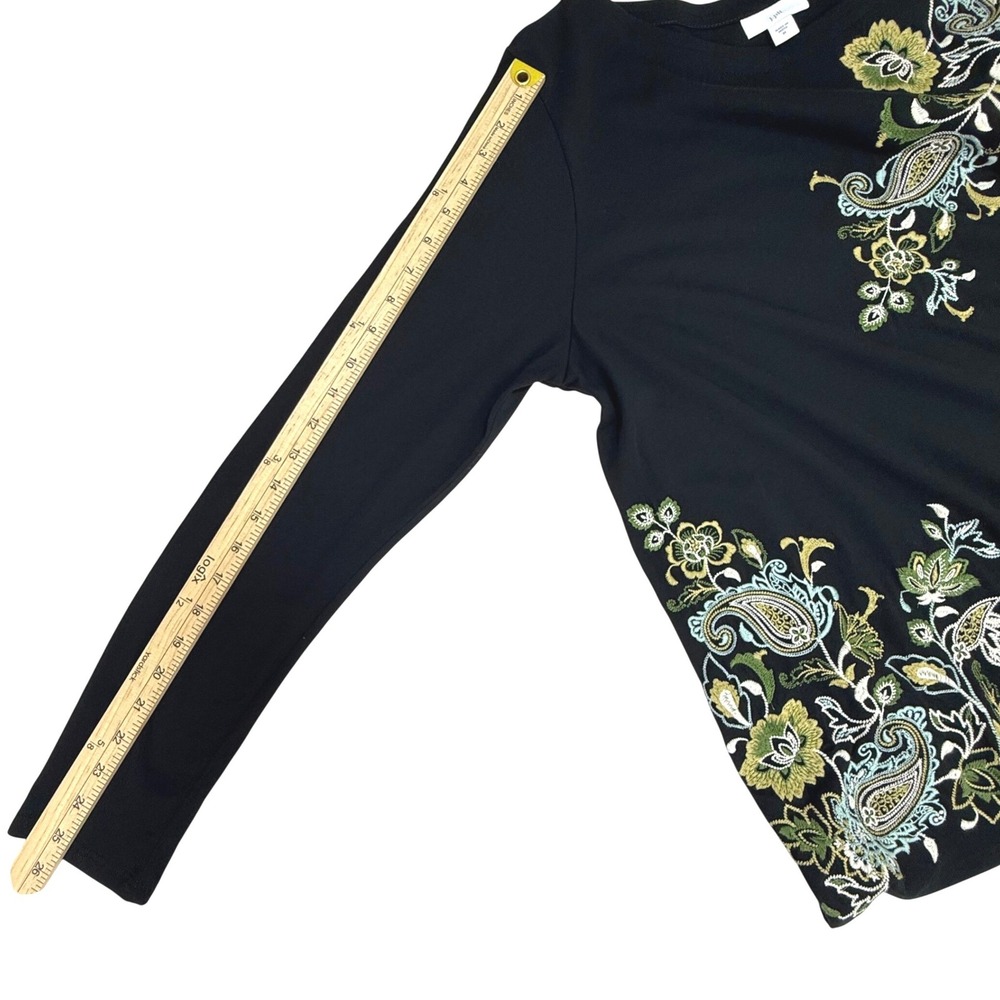 J. Jill Top M Black Embroidered Paisley Floral Cotton Tencel Long Sleeve Tee - Picture 7 of 7